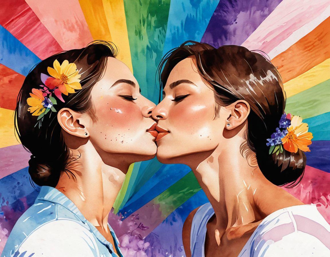 A tender moment captured between two women sharing a loving kiss, surrounded by a vibrant backdrop of colorful rainbow flags and blooming flowers symbolizing love and diversity. Their expressions radiate joy and affection, with soft sunlight illuminating their faces. Incorporate artistic elements like watercolor splashes to enhance the emotional depth. vector art. vibrant colors.