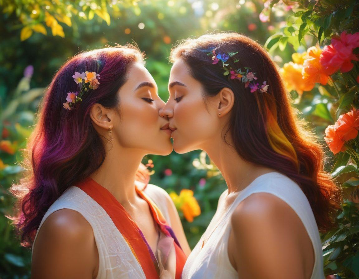 A heartwarming scene of two women sharing a passionate kiss in a lush, colorful garden filled with blooming flowers, symbolizing love and connection. Soft sunlight filters through the leaves, casting a warm glow on their faces. The background features subtle symbols of pride, like rainbow elements integrated into nature. Capture the emotion and intimacy of the moment. super-realistic. vibrant colors.
