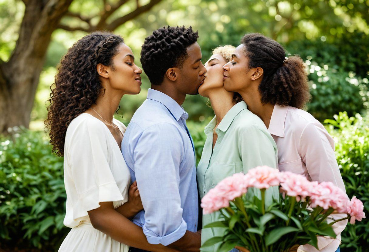 A heartfelt moment between two couples of diverse ethnicities sharing an affectionate kiss in a serene park setting, surrounded by lush greenery and soft pastel-colored flowers. The atmosphere radiates warmth and intimacy, with gentle sunlight filtering through the trees. Capture the emotions of love and connection between them, enhancing the themes of closeness and belonging. soft-focus photography. vibrant colors.